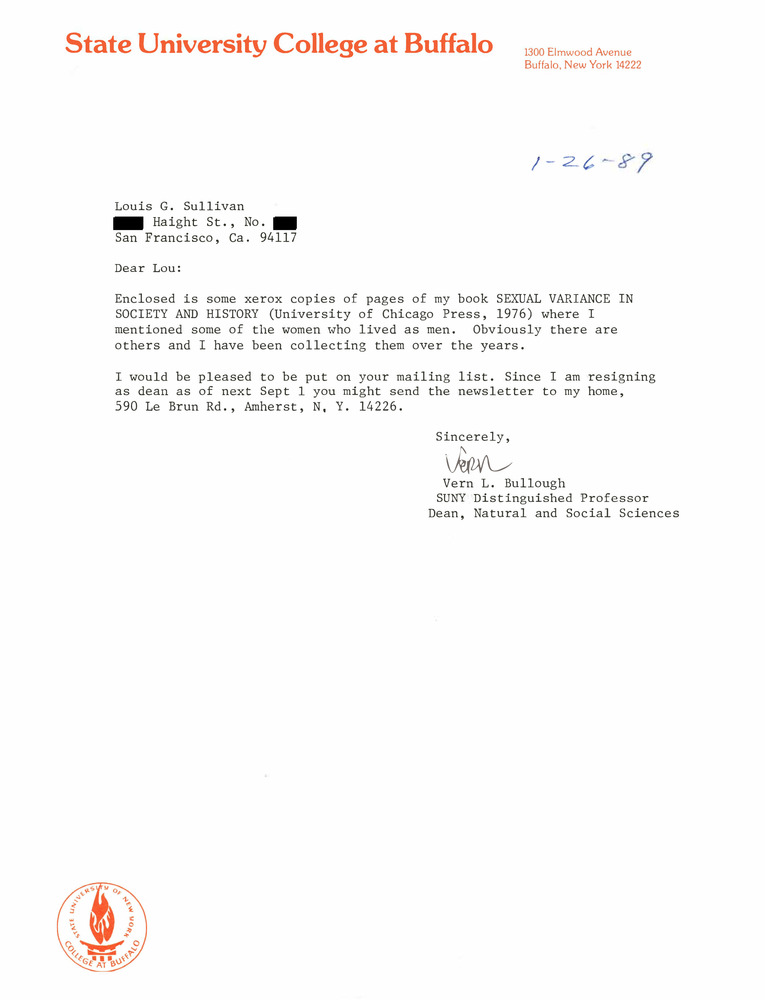 Download the full-sized PDF of Correspondence from Vern Bullough to Lou Sullivan (January 26, 1989)