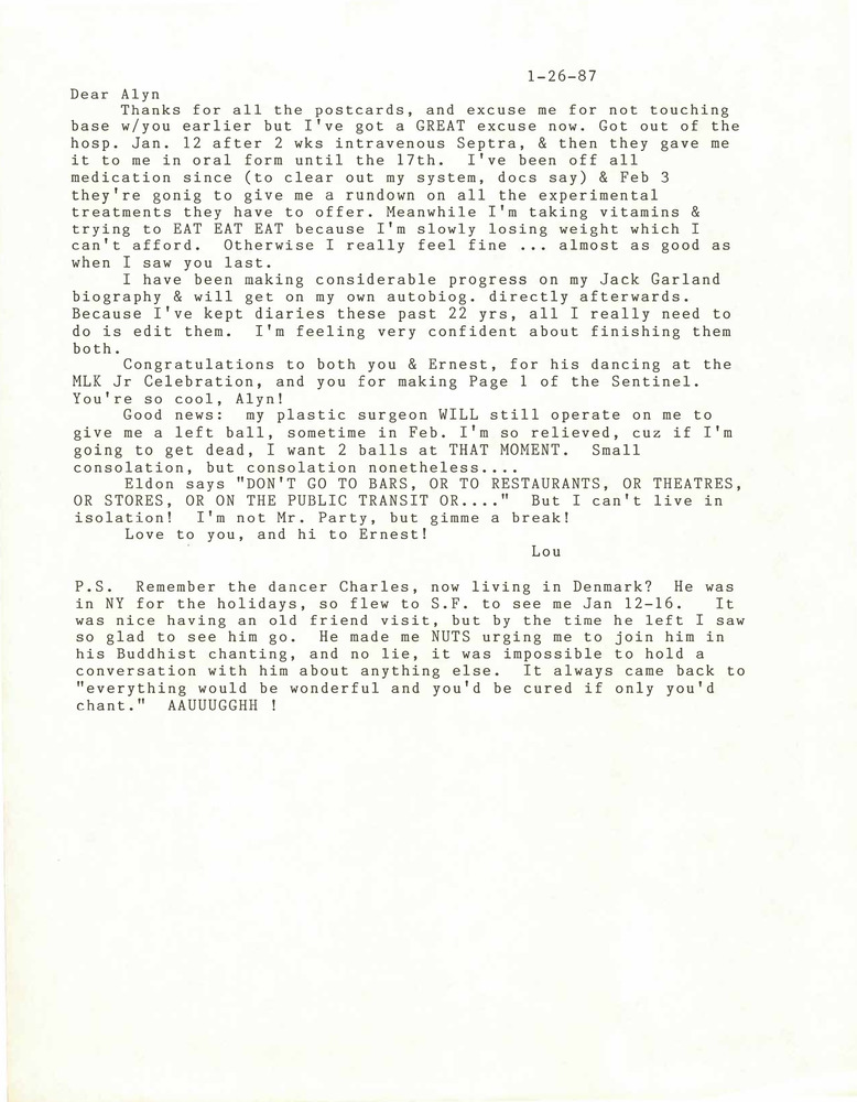 Download the full-sized PDF of Correspondence from Lou Sullivan to Alyn Hess (January 26, 1987)