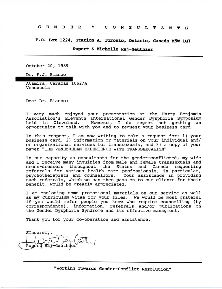 Download the full-sized PDF of Letter from Rupert Raj to Dr. F.J. Bianco (October 20, 1989)