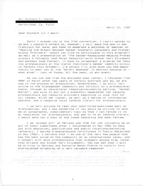 Download the full-sized image of Letter from Rupert Raj to Dr. Richard F. Docter (April 25, 1988)