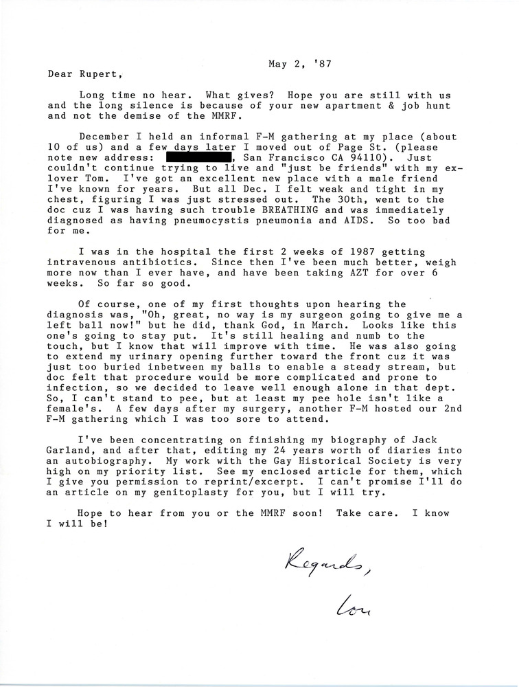 Download the full-sized PDF of Letter from Lou Sullivan to Rupert Raj (May 2, 1987)