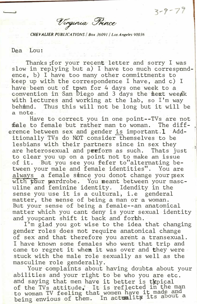 Download the full-sized PDF of Correspondence from Virginia Price to Lou Sullivan (March 9, 1979)