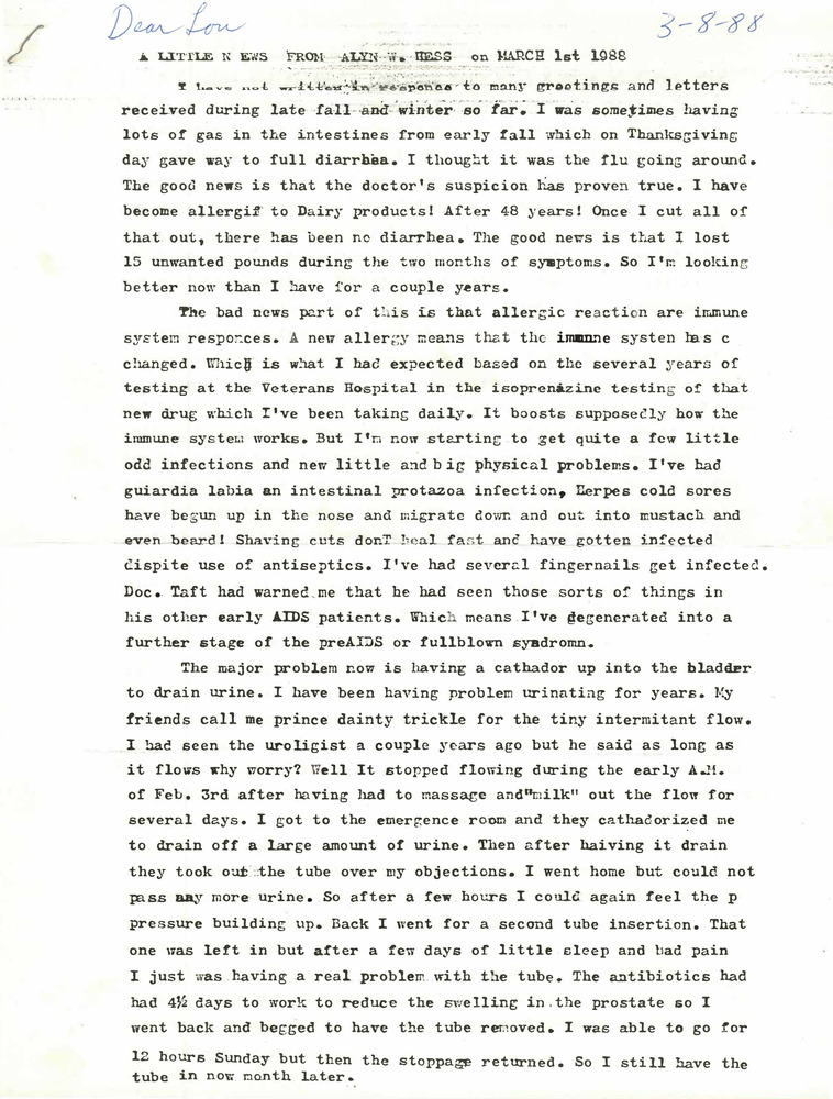 Download the full-sized PDF of Correspondence from Alyn Hess to Lou Sullivan (March 8, 1988)