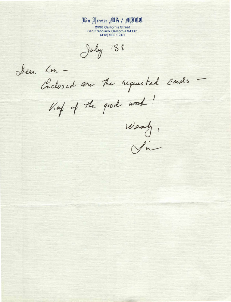 Download the full-sized PDF of Correspondence from Lin Fraser to Lou Sullivan (July 1988)