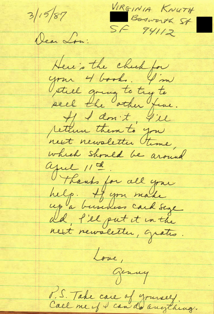 Download the full-sized PDF of Correspondence from Ginny Knuth to Lou Sullivan (March 15, 1987)