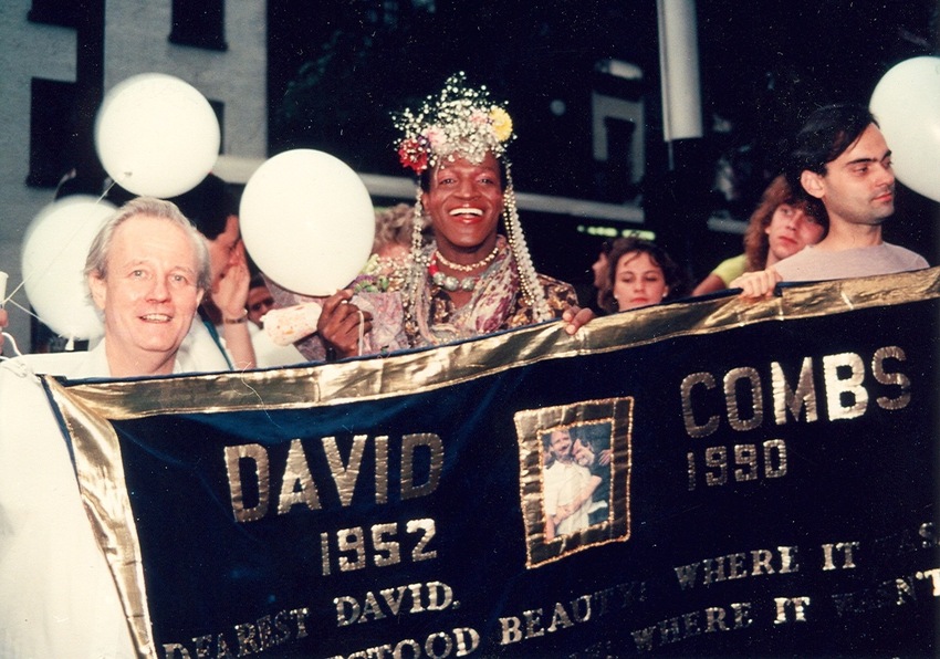 Download the full-sized image of A Photograph of Marsha P. Johnson and Randy Wicker Holding a Quilt for David Combs
