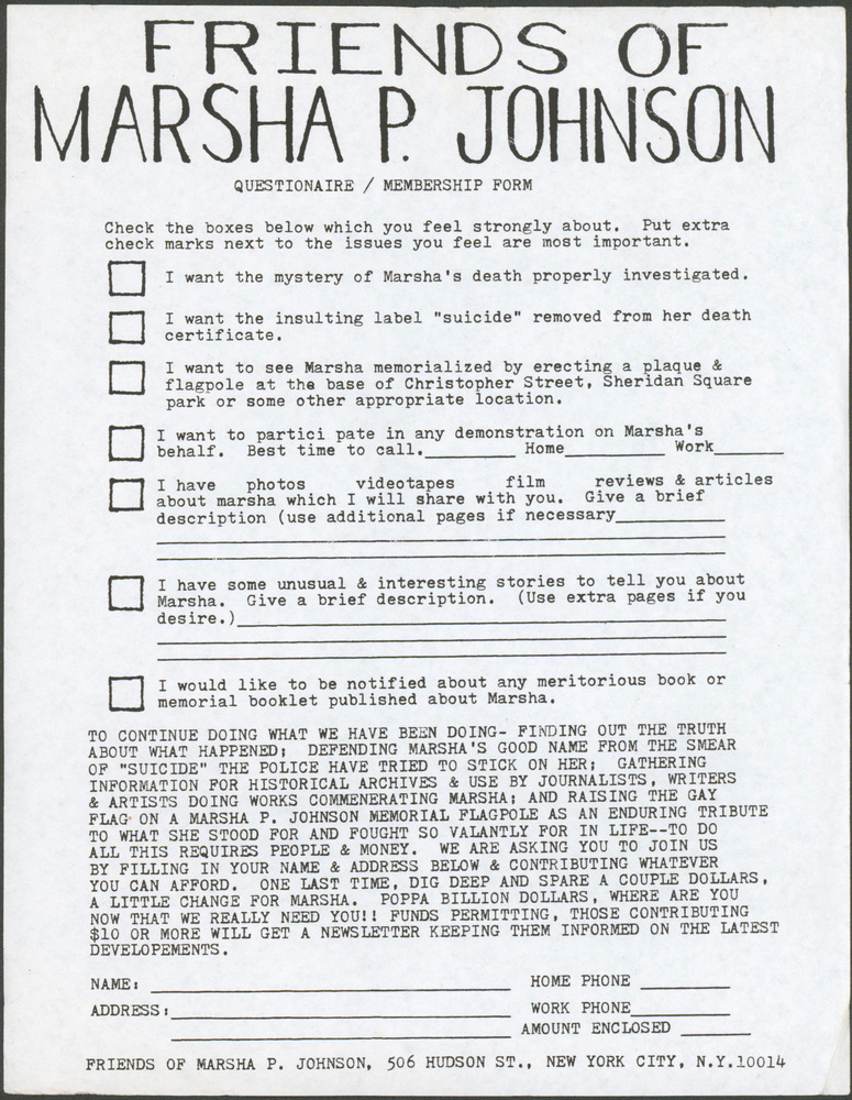 Download the full-sized PDF of Friends of Marsha P. Johnson Questionnaire / Membership Form