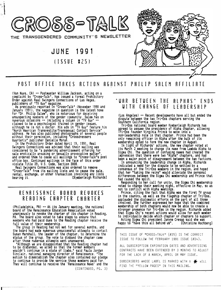 Download the full-sized PDF of Cross-Talk The Transgender Community News & Information Monthly, No. 25 (June, 1991)