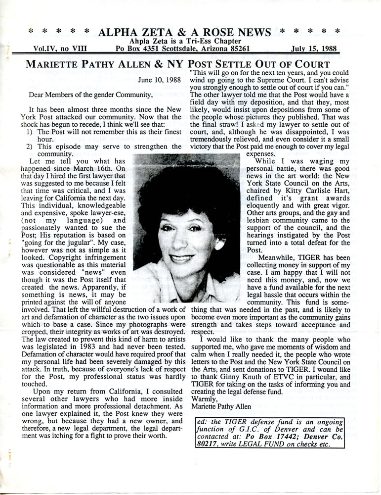 Download the full-sized PDF of Alpha Zeta & A Rose News Vol. 4 No. 8 (July 15, 1988)