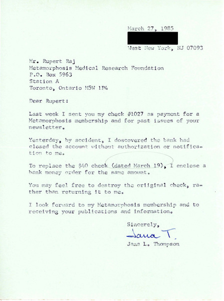 Download the full-sized image of Letter from Jana Thompson to Rupert Raj (March 27, 1985)