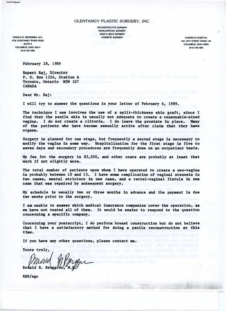 Download the full-sized PDF of Letter from Dr. Ronald B. Berggren to Rupert Raj (February 28, 1989)