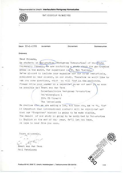 Download the full-sized image of Letter from Evert van der Veen (January 18, 1986)