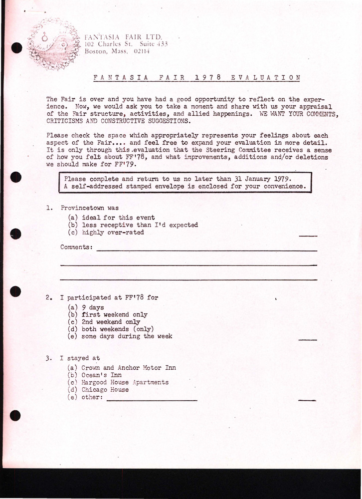 Download the full-sized PDF of Fantasia Fair 1978 Evaluation Form