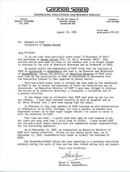 Download the full-sized image of Letter from Susan C. Huxford to FACT Members (August 18, 1986)