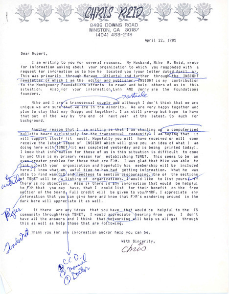 Download the full-sized image of Letter from Chris Reid to Rupert Raj (April 22, 1985)
