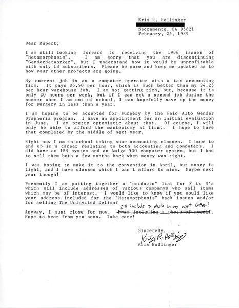 Download the full-sized image of Letter from Kris Hollinger to Rupert Raj (February 25, 1989)
