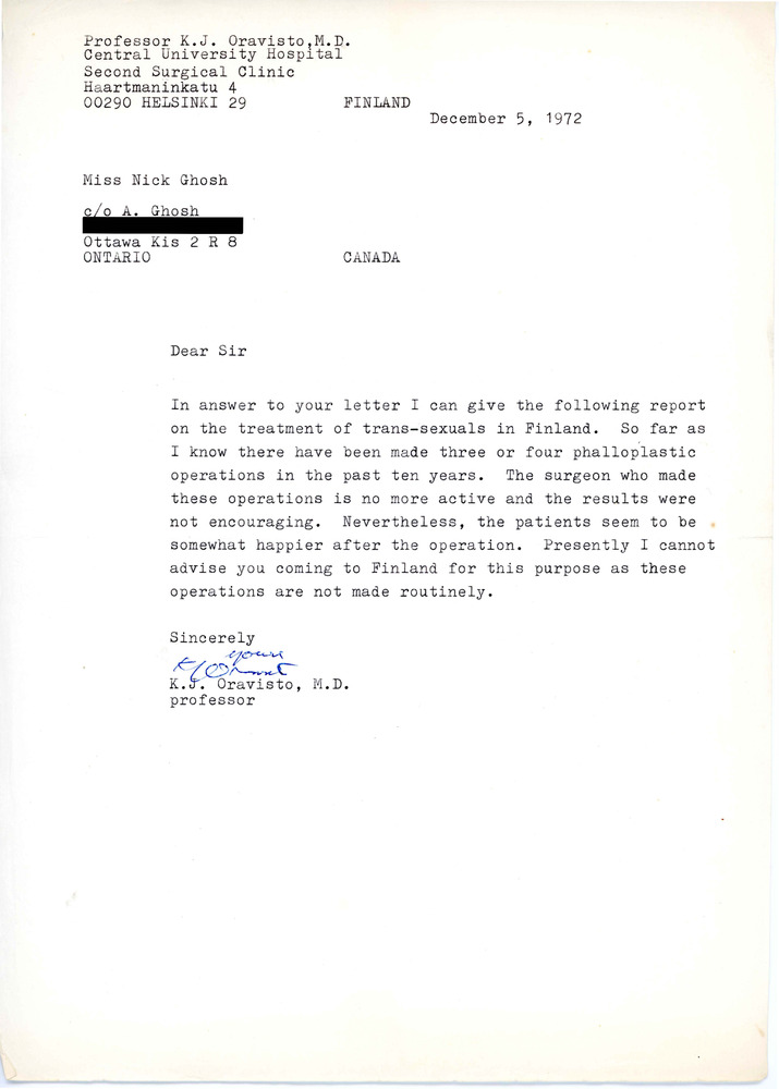 Download the full-sized PDF of Letter from K.J. Oravisto to Rupert Raj (December 5, 1972)