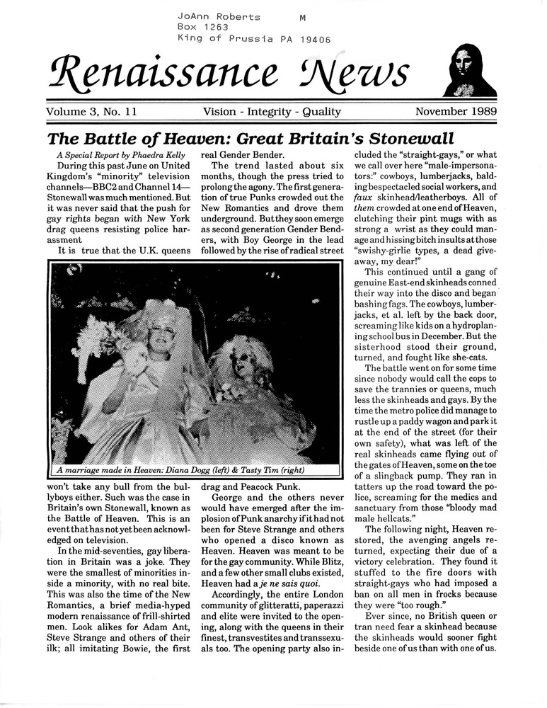 Download the full-sized PDF of Renaissance News, Vol. 3 No. 11 (November 1989)