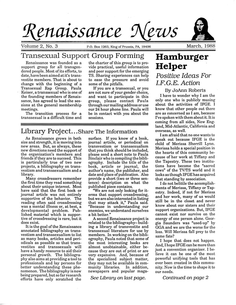 Download the full-sized PDF of Renaissance News, Vol. 2 No. 3 (March 1988)