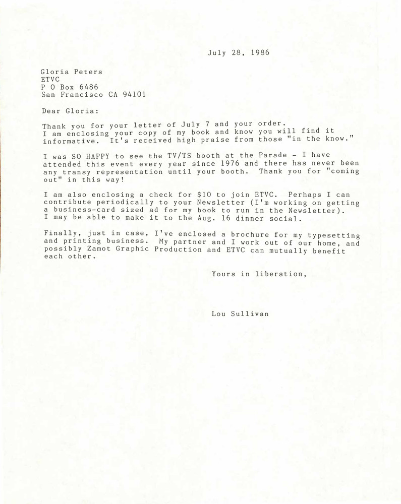 Download the full-sized PDF of Correspondence from Lou Sullivan to Gloria Peters (July 28, 1986)