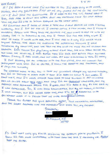 Download the full-sized image of Letter from Rhon L. to Rupert Raj (June 5, 1985)