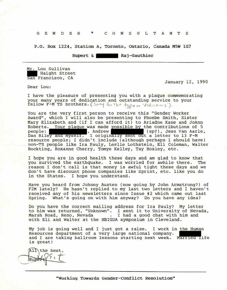 Download the full-sized PDF of Correspondence from Rupert Raj to Lou Sullivan (January 12, 1990)