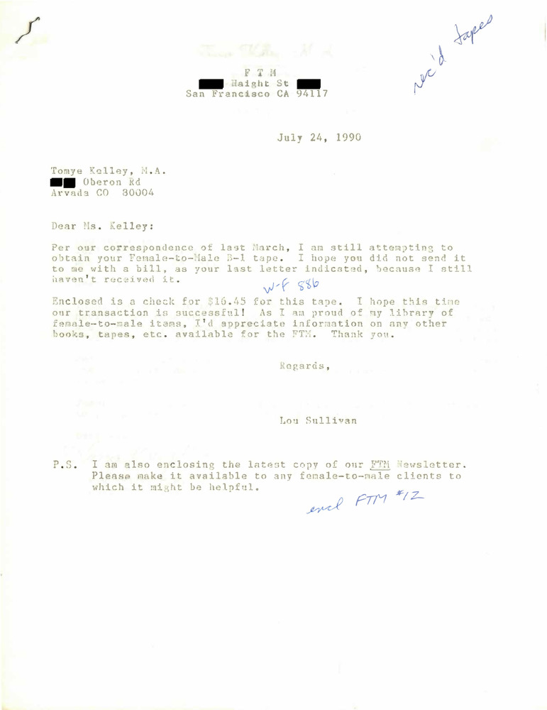 Download the full-sized PDF of Correspondence Between Lou Sullivan and Tomye Kelley (March-July 1990)