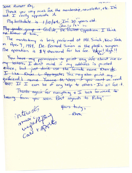 Download the full-sized image of Letter to Rupert Raj from Rhon L. (1984)