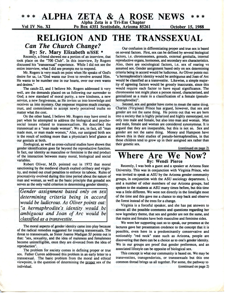 Download the full-sized PDF of Alpha Zeta & A Rose News Vol. 4 No. 11 (October 15, 1988)