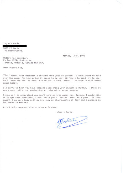 Download the full-sized image of Letter from Jean Van Aarle to Rupert Raj (January 17, 1990)