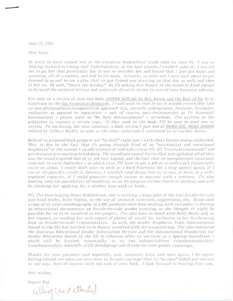 Download the full-sized image of Letters from Rupert Raj to Kate Bornstein (June 25, 1994)
