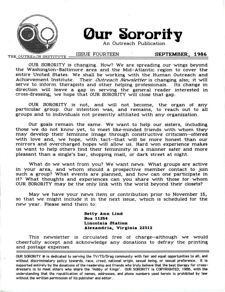 Download the full-sized PDF of Our Sorority Issue 14 (September 1986)