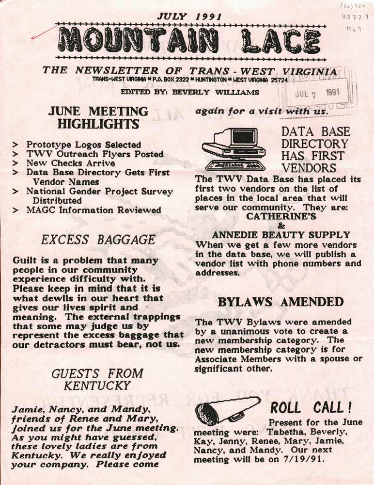 Download the full-sized PDF of Mountain Lace: The Newsletter of Trans - West Virginia (July, 1991)