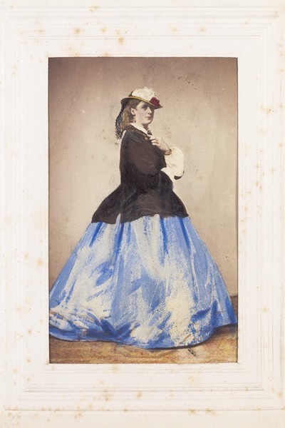 Download the full-sized image of An man in drag posing side-on. Photograph, 1862.