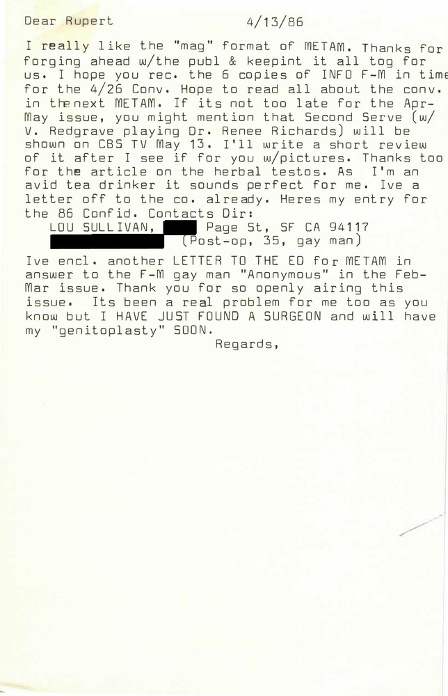 Download the full-sized PDF of Correspondence from Lou Sullivan to Rupert Raj (April 13, 1986)