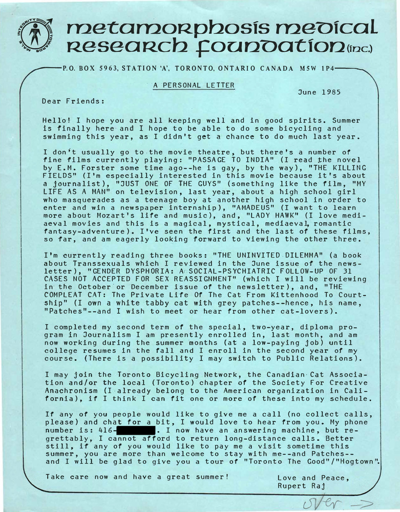 Download the full-sized PDF of Open Letter from Rupert Raj (June 1985)