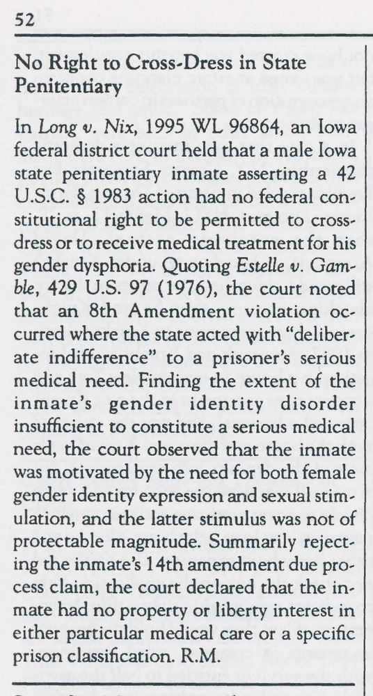 Download the full-sized PDF of No Right to Cross-Dress in State Penitentiary