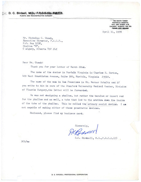 Download the full-sized image of Letter from Dr. D.C. Birdsell to Rupert Raj (April 11, 1978)