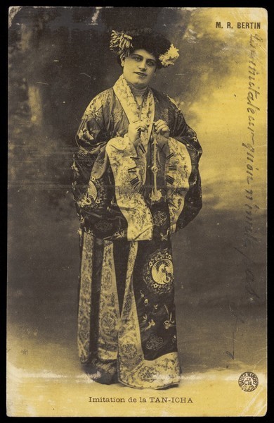 Download the full-sized image of Robert Bertin in drag as a geisha. Photographic postcard, ca. 1910.