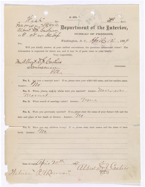 Download the full-sized image of Approved Pension File for Private Albert D. J. Cashier