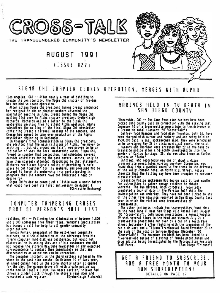 Download the full-sized PDF of Cross-Talk The Transgender Community News & Information Monthly, No. 27 (August, 1991)