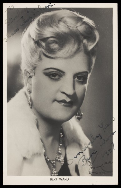 Download the full-sized image of Bert Ward in drag as a glamorous woman. Photographic postcard, 1947.