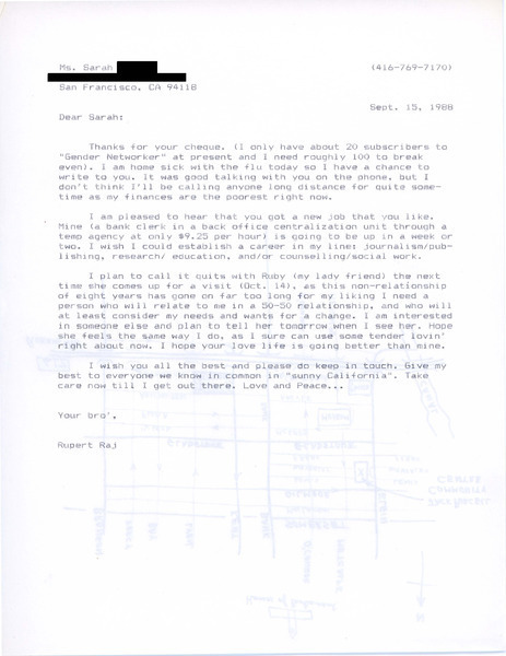 Download the full-sized image of Letter from Rupert Raj to Sarah (September 15, 1988)