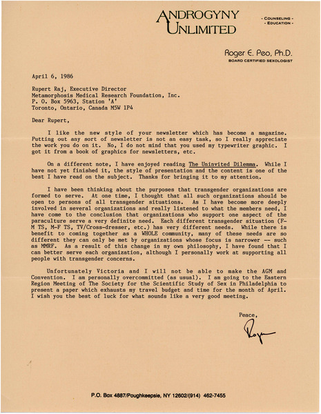 Download the full-sized image of Letter from Roger E. Peo to Rupert Raj (April 6, 1986)