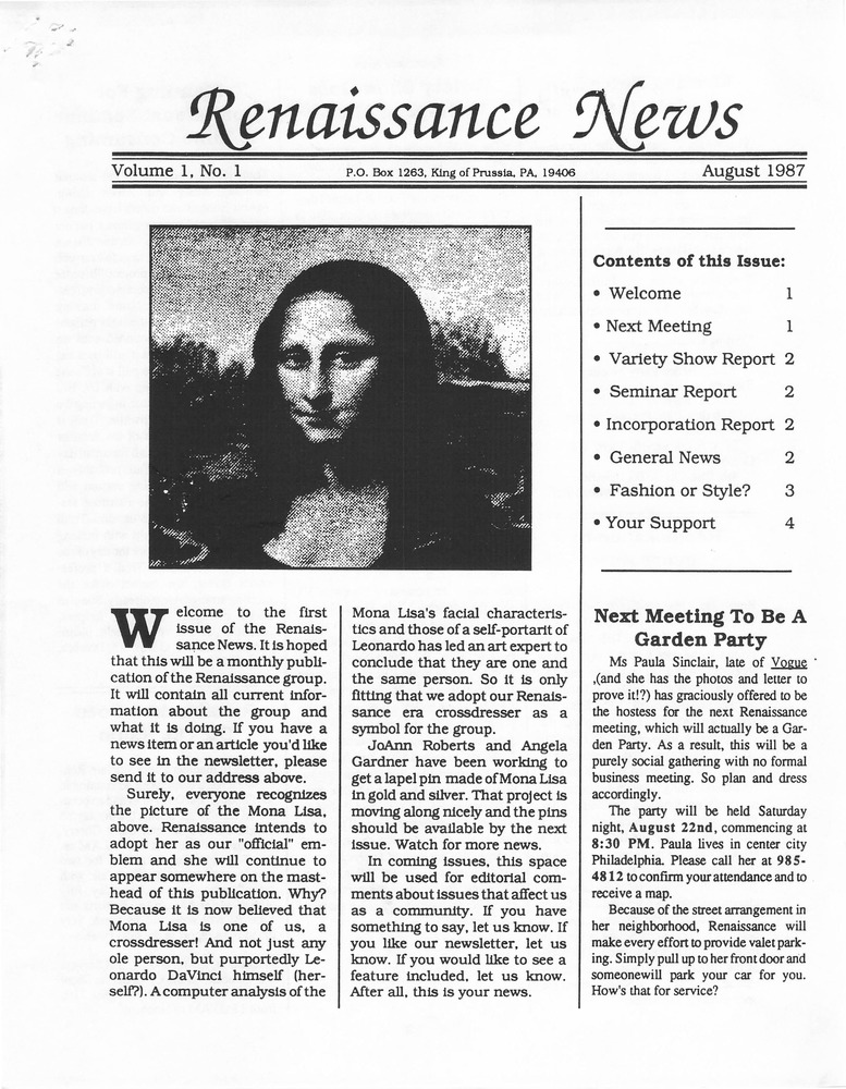 Download the full-sized PDF of Renaissance News, Vol. 1 No. 1 (August 1987)