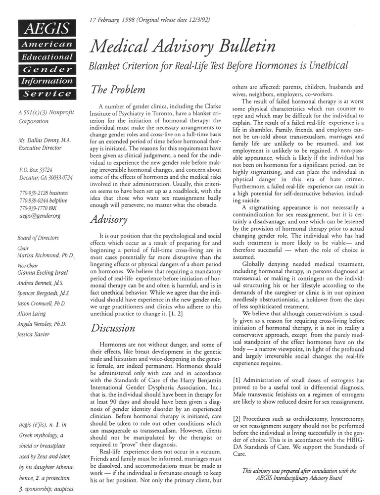 Download the full-sized PDF of AEGIS Medical Advisory Bulletin on Hormonal Therapy