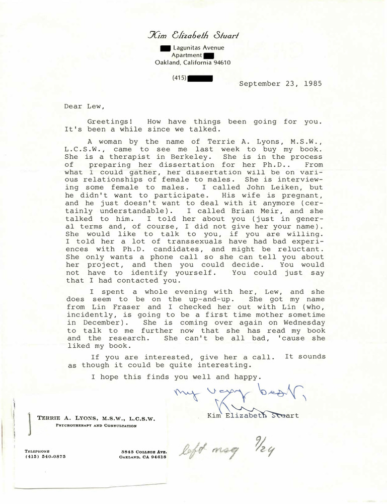 Download the full-sized PDF of Correspondence from Kim Stuart to Lou Sullivan (September 23, 1985)