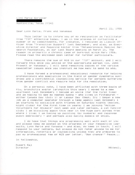 Download the full-sized image of Letter from Rupert Raj to Lynn Marie Scribner (April 22, 1988)