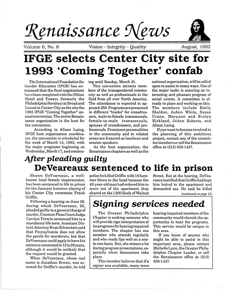 Download the full-sized PDF of Renaissance News, Vol. 6 No. 8 (August 1992)