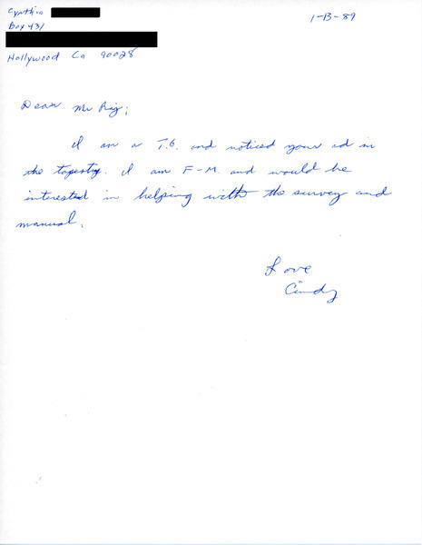 Download the full-sized image of Letter from Cynthia Howard to Rupert Raj (January 13, 1989)